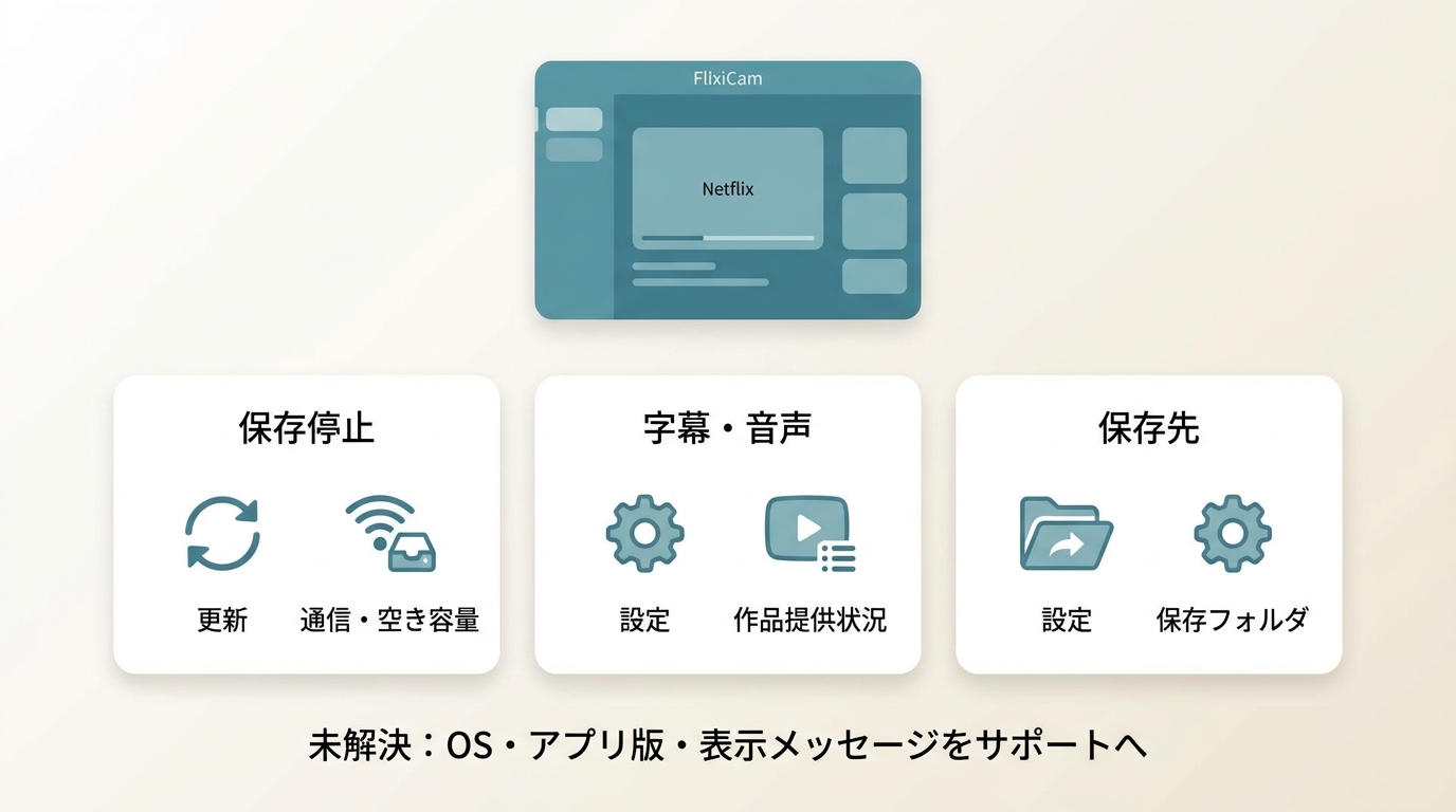 FlixiCamで保存停止や字幕設定を確認する手順