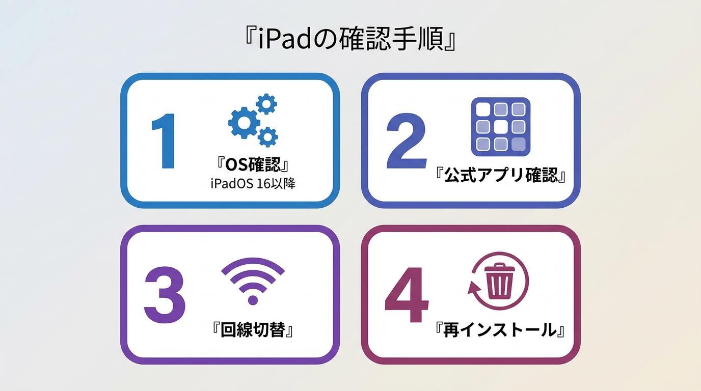 iPadでTVer視聴できないときの切り分けフロー:OSバージョン確認→公式アプリ確認→回線切替→再インストールの4ステップ