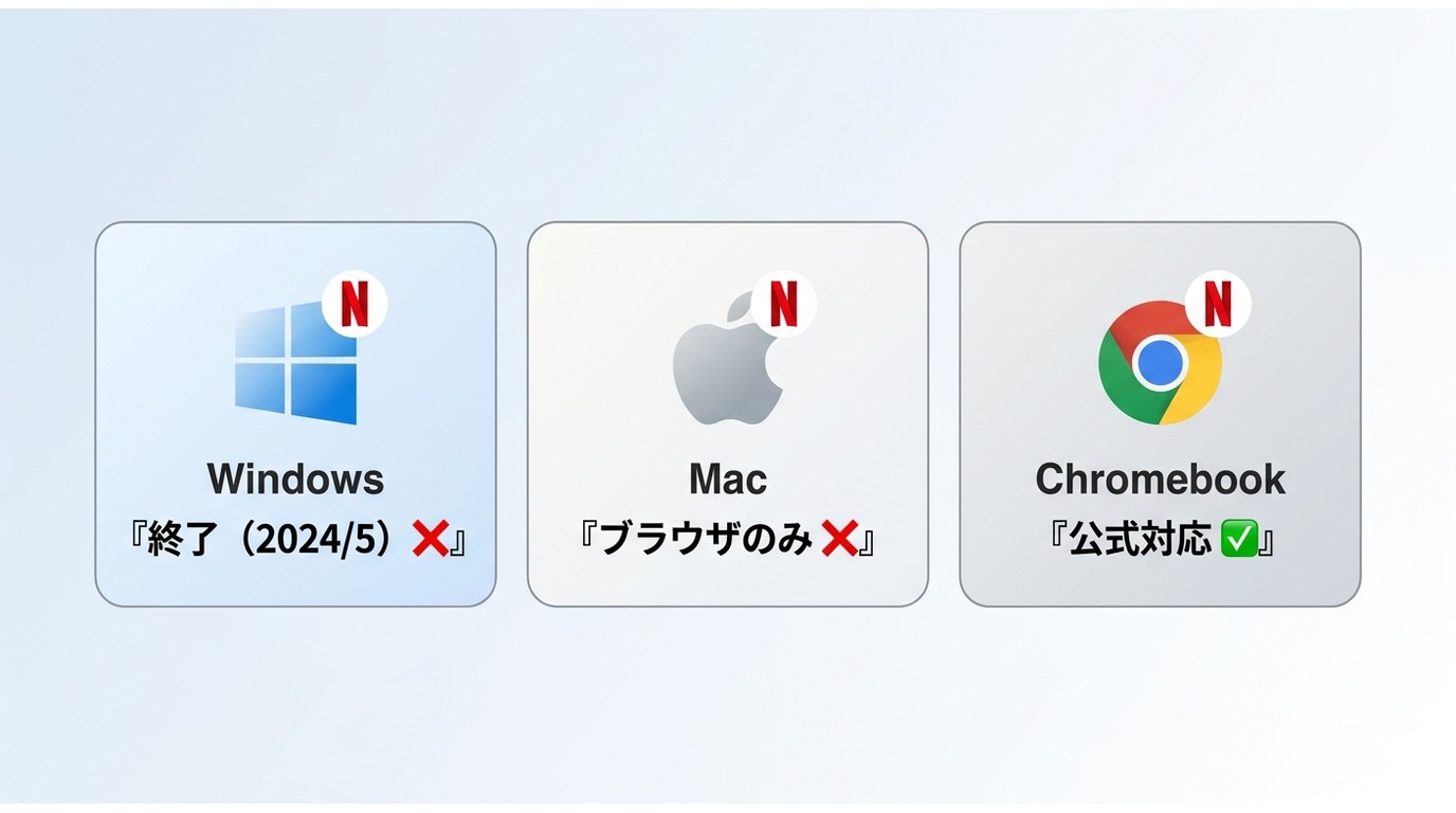 Windows・Mac・ChromebookのNetflix公式ダウンロード対応比較。WindowsとMacは非対応、Chromebookのみ対応。