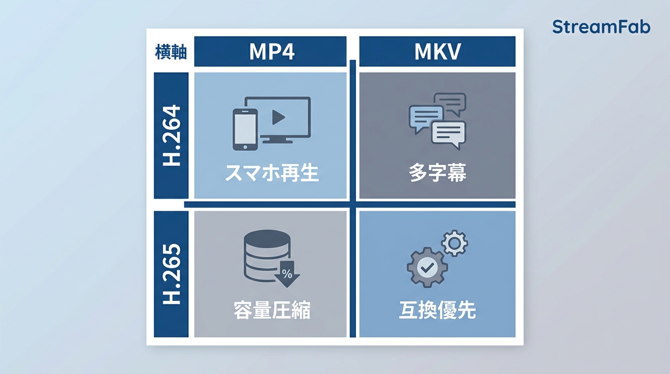 StreamFab保存形式の選び方：MP4・MKV × H.264・H.265用途別ガイド