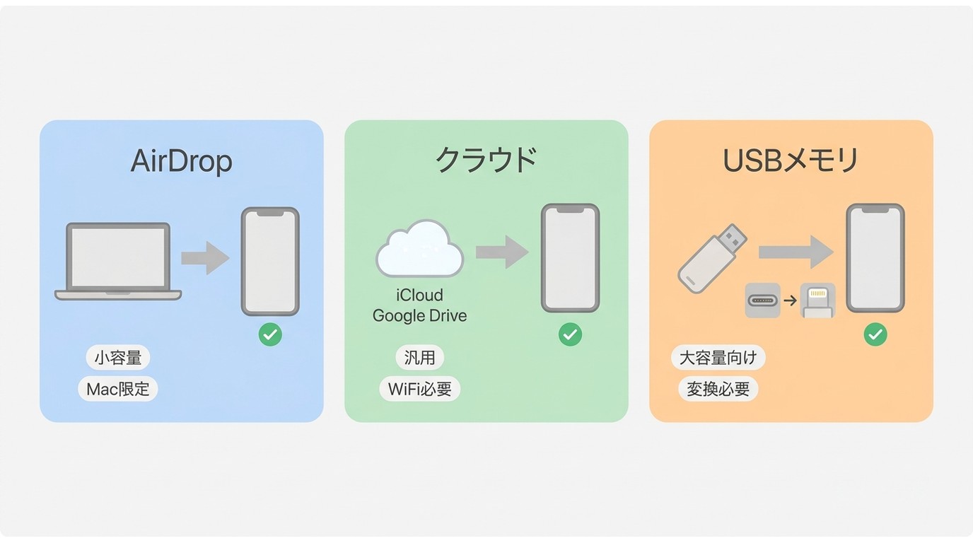 PCからiPhoneへMP4を転送する3つの方法:AirDrop・クラウド・USBメモリの比較