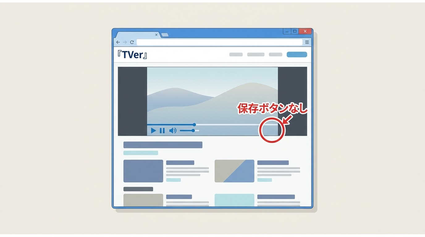 TVerのPCブラウザ画面に保存・ダウンロードボタンが存在しないことを示すスクリーンショット
