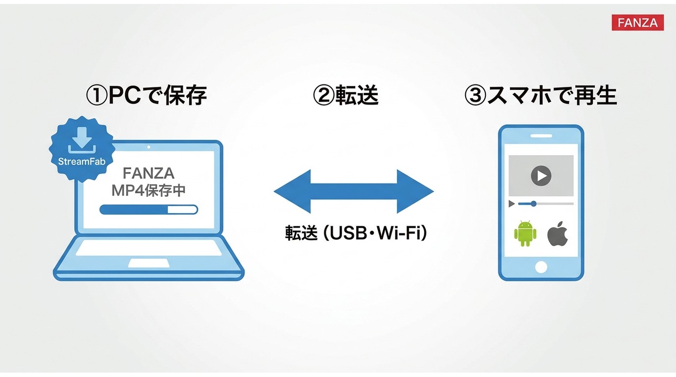 FANZA動画をスマホで見る手順：StreamFabでPCにMP4保存→USB・Wi-Fiで転送→スマホ（AndroidまたはiPhone）で再生