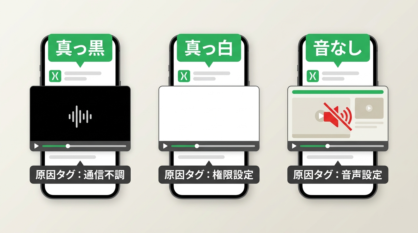 ABEMA視聴トラブル3パターン：真っ黒・真っ白・音なしの画面比較と原因