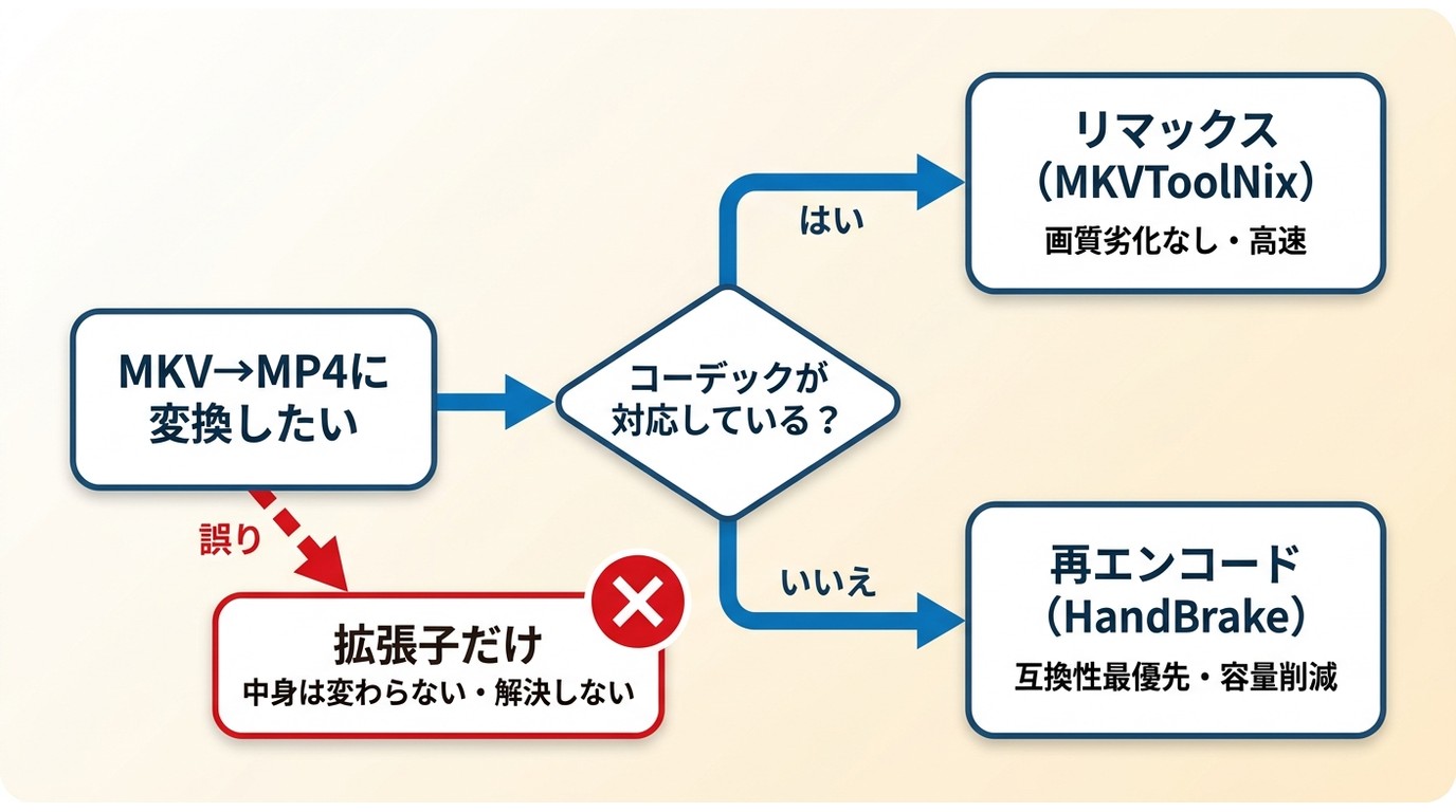 MKVをMP4へ変換する方法の選択フロー:リマックス・再エンコード・拡張子書き換えの違い
