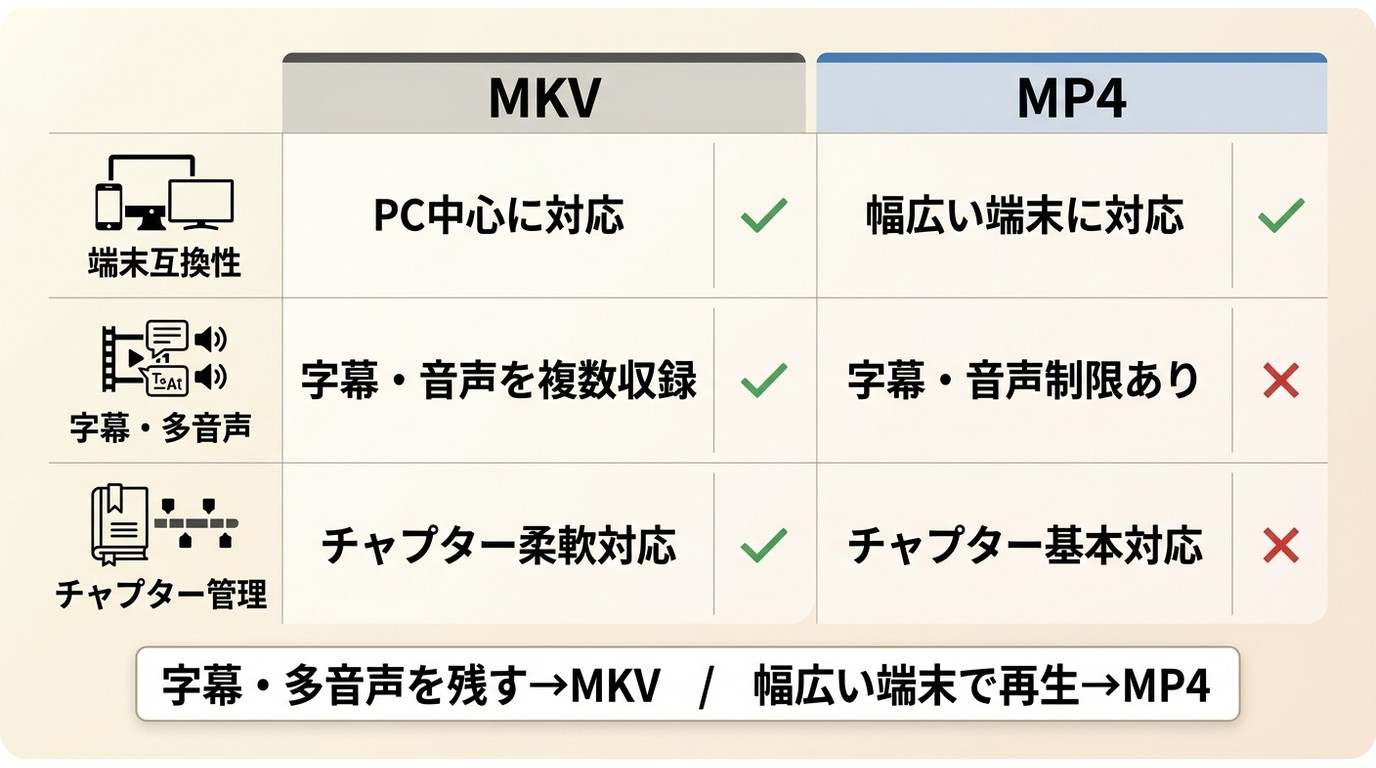 MKVとMP4の比較:互換性・字幕多音声・チャプター管理の違いと用途別の選び方