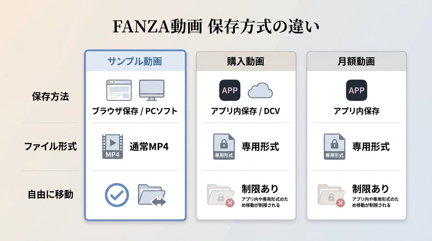 FANZAのサンプル動画・購入動画・月額動画の保存方法とファイル形式の比較
