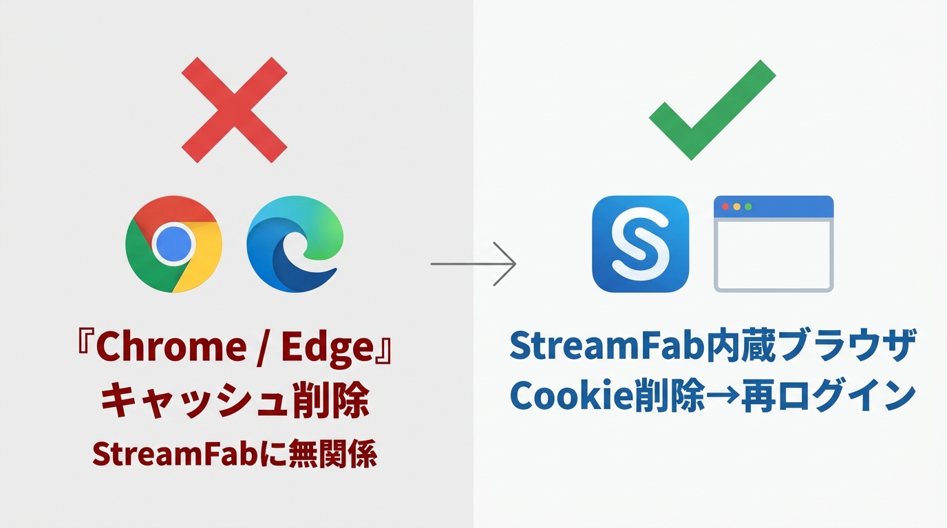 ChromeやEdgeのキャッシュ削除はStreamFabに影響しない。StreamFab内蔵ブラウザのCookieを別途削除する必要があることを示す図