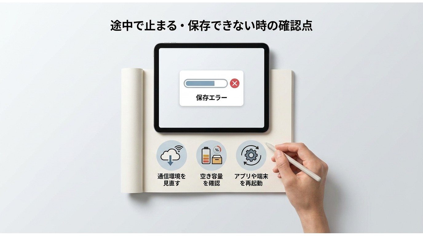 途中で止まる・保存できない時の確認点