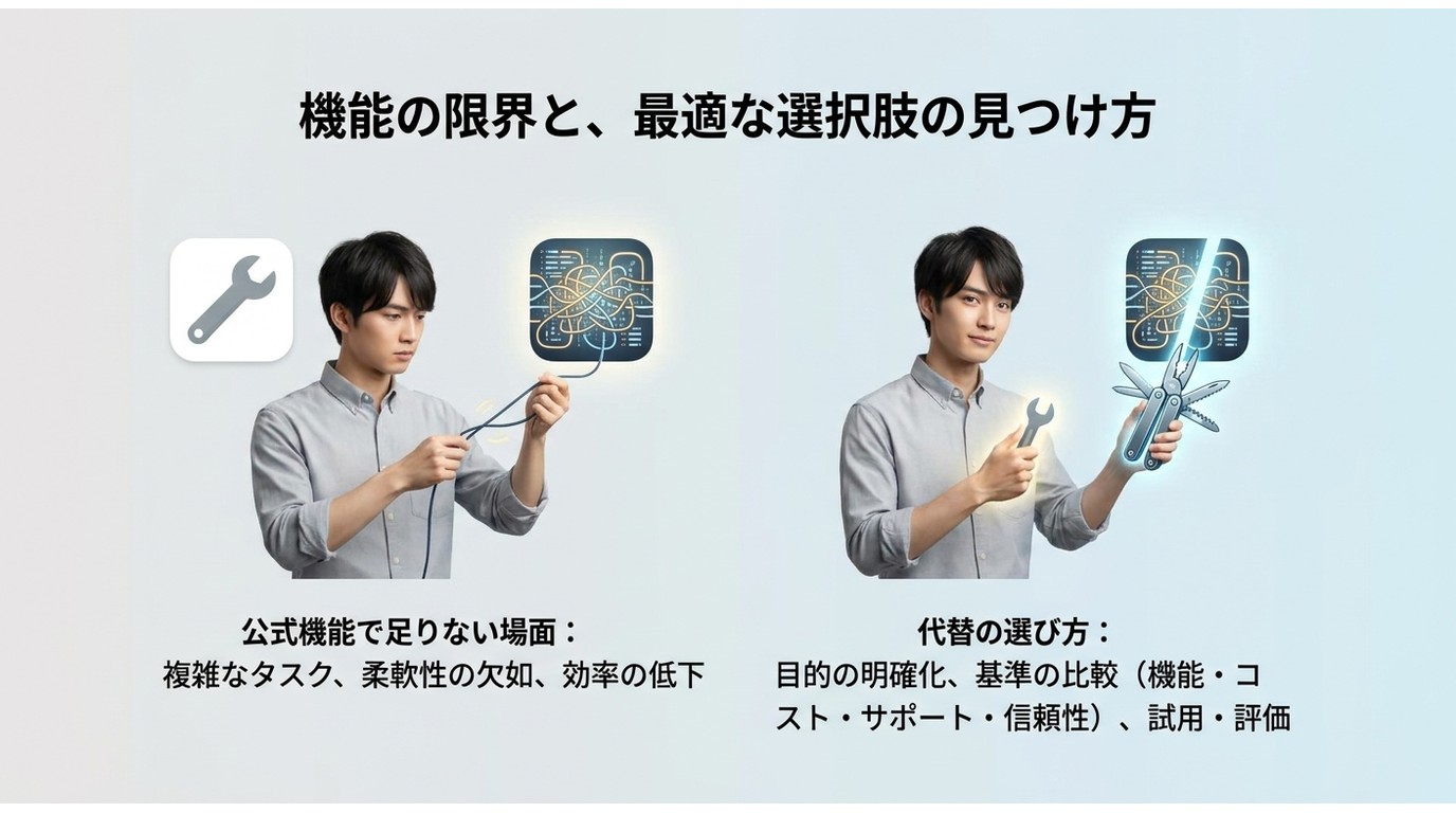 公式機能で足りない場面と代替の選び方