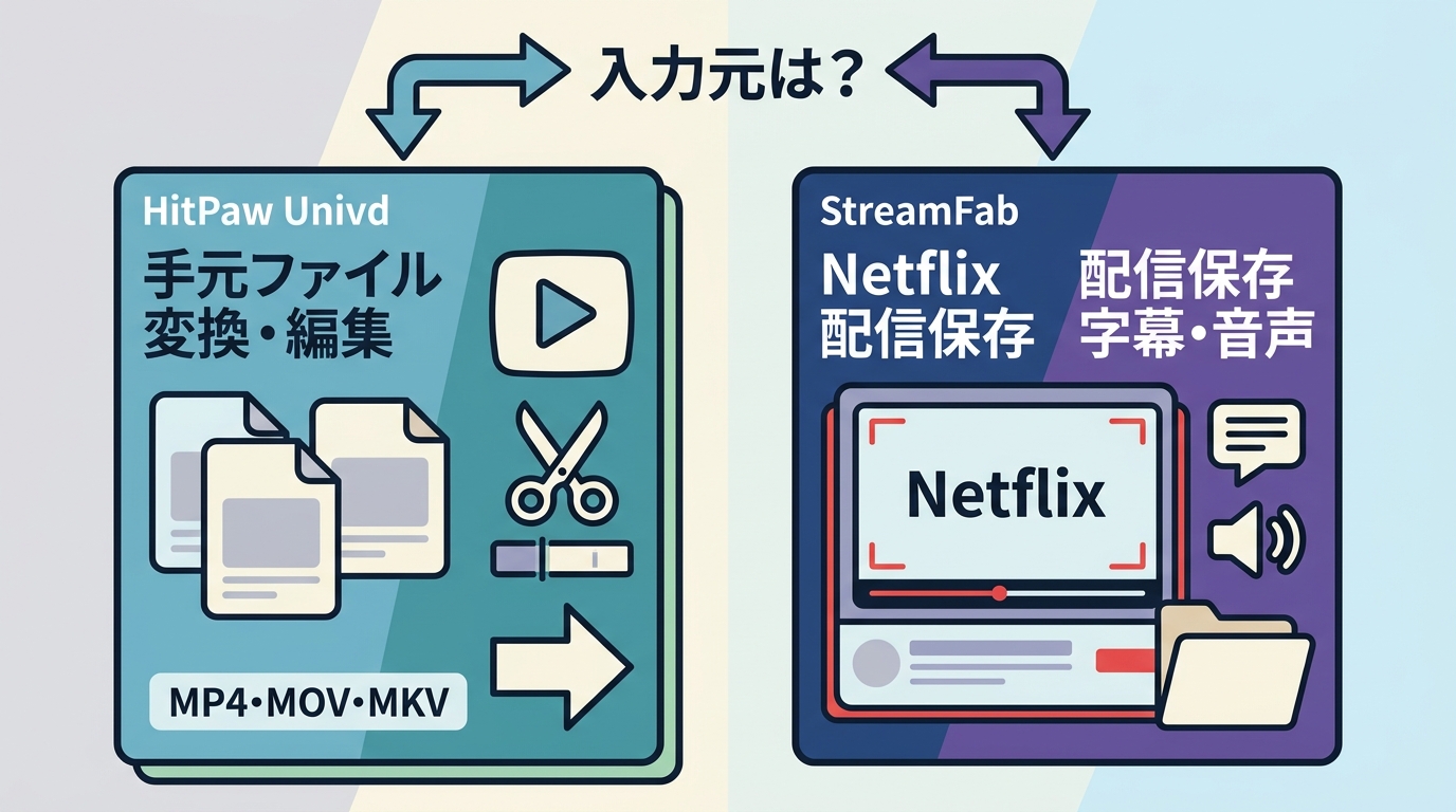 HitPaw Univdは手元ファイルの変換編集、StreamFabは対応配信サービス保存向けの比較