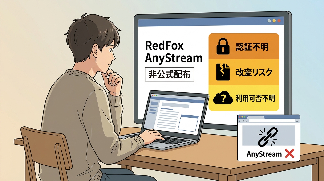 非公式のAnyStream旧版は認証・安全性・利用可否を保証しない注意図