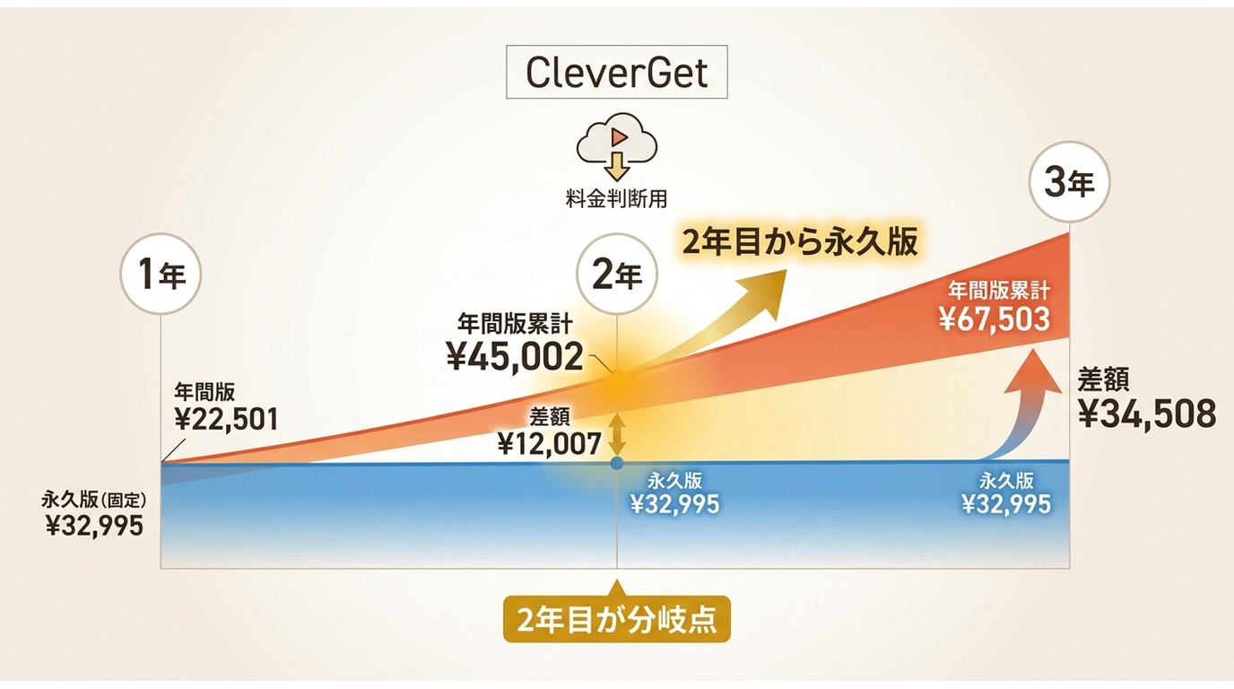 CleverGet年間版と永久版の費用は2年目で永久版が有利になる比較