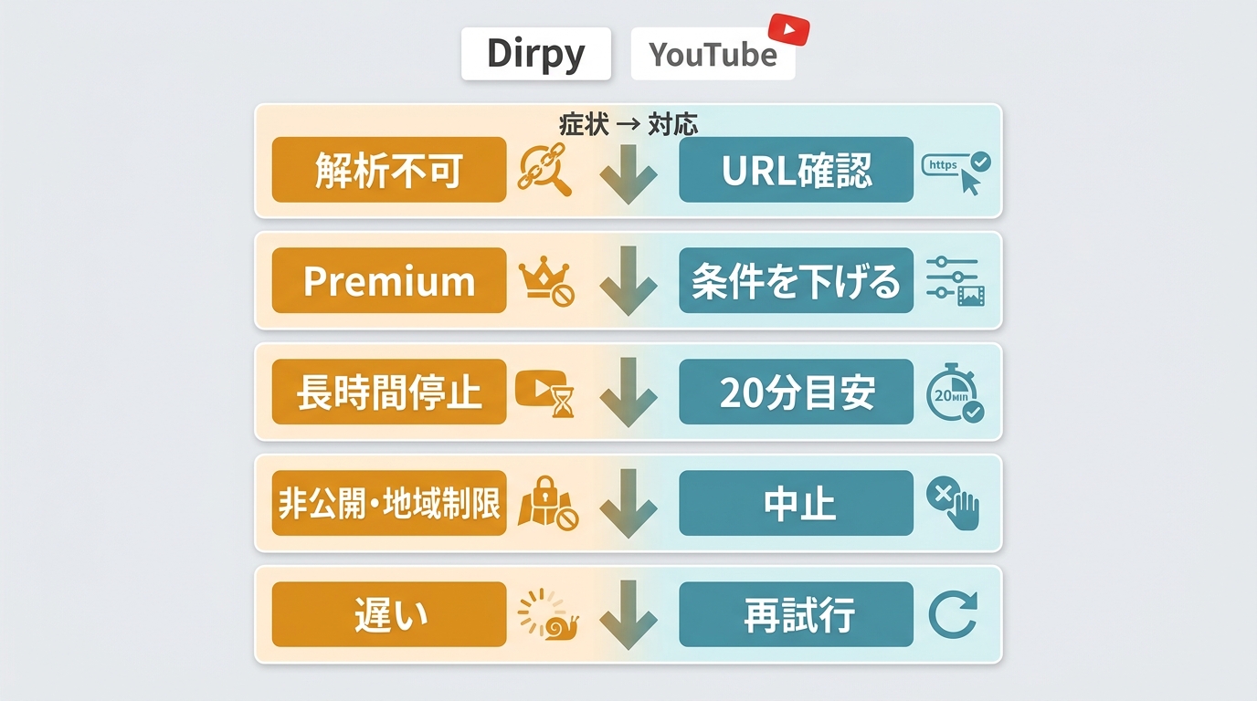 DirpyのURLエラーやPremium表示を原因別に確認する手順