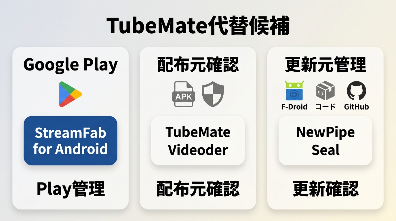 StreamFab、TubeMate、NewPipe、Sealの入手経路と更新管理の違い