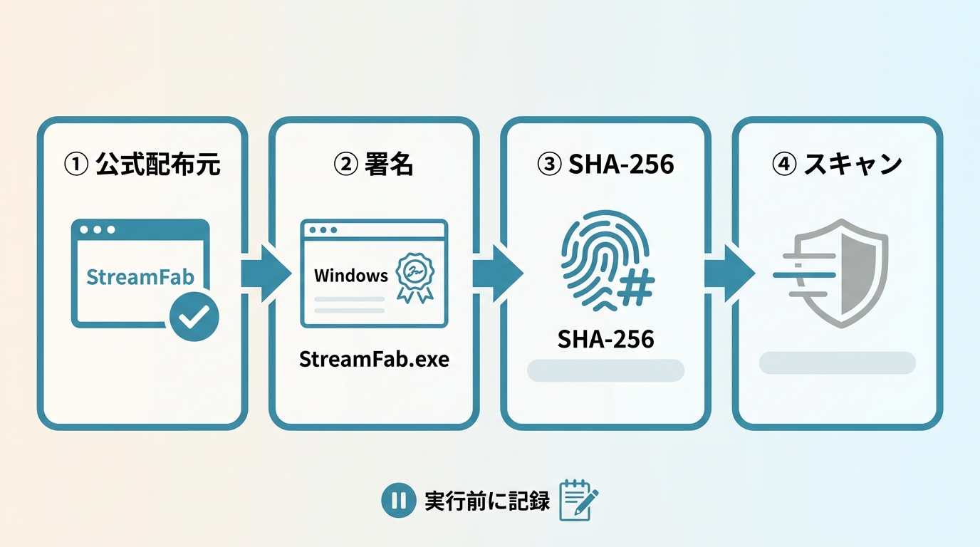 StreamFabの配布元、署名、SHA-256、スキャン結果を確認する手順