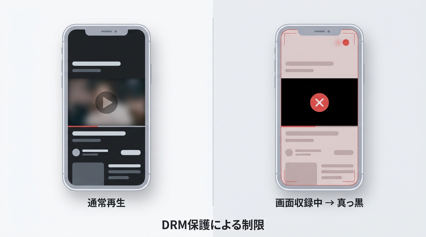 MyFans動画の画面収録が真っ黒になる現象とDRM保護の関係を示した図