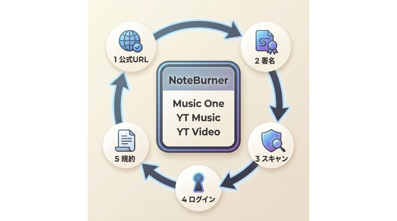 NoteBurner製品で確認する配布元、検査、ログイン情報、規約の安全チェック