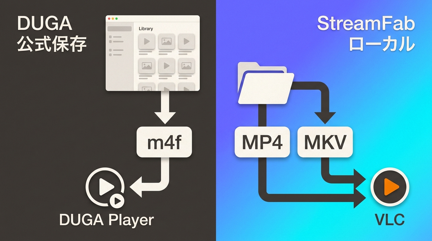 DUGA Playerのm4f管理データとStreamFabのMP4・MKVファイルの再生方法の違い