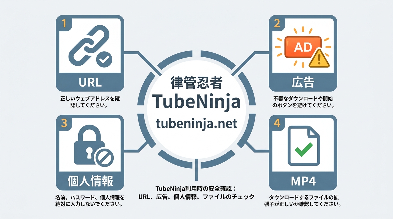 TubeNinja利用時のURL、偽ボタン、個人情報、保存ファイルの安全確認