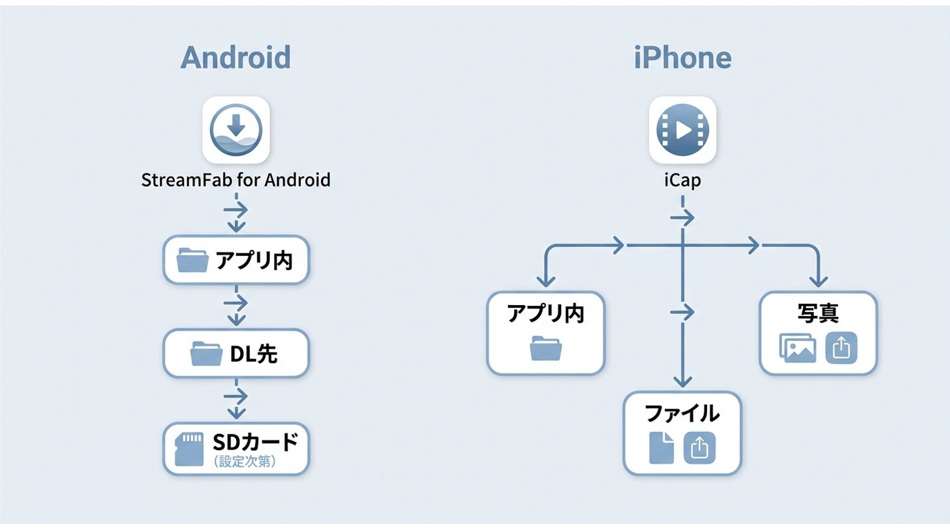 AndroidとiPhoneでニコニコ動画を保存した後の保存先（ライブラリー・Downloadフォルダー・ファイル・写真）確認フロー