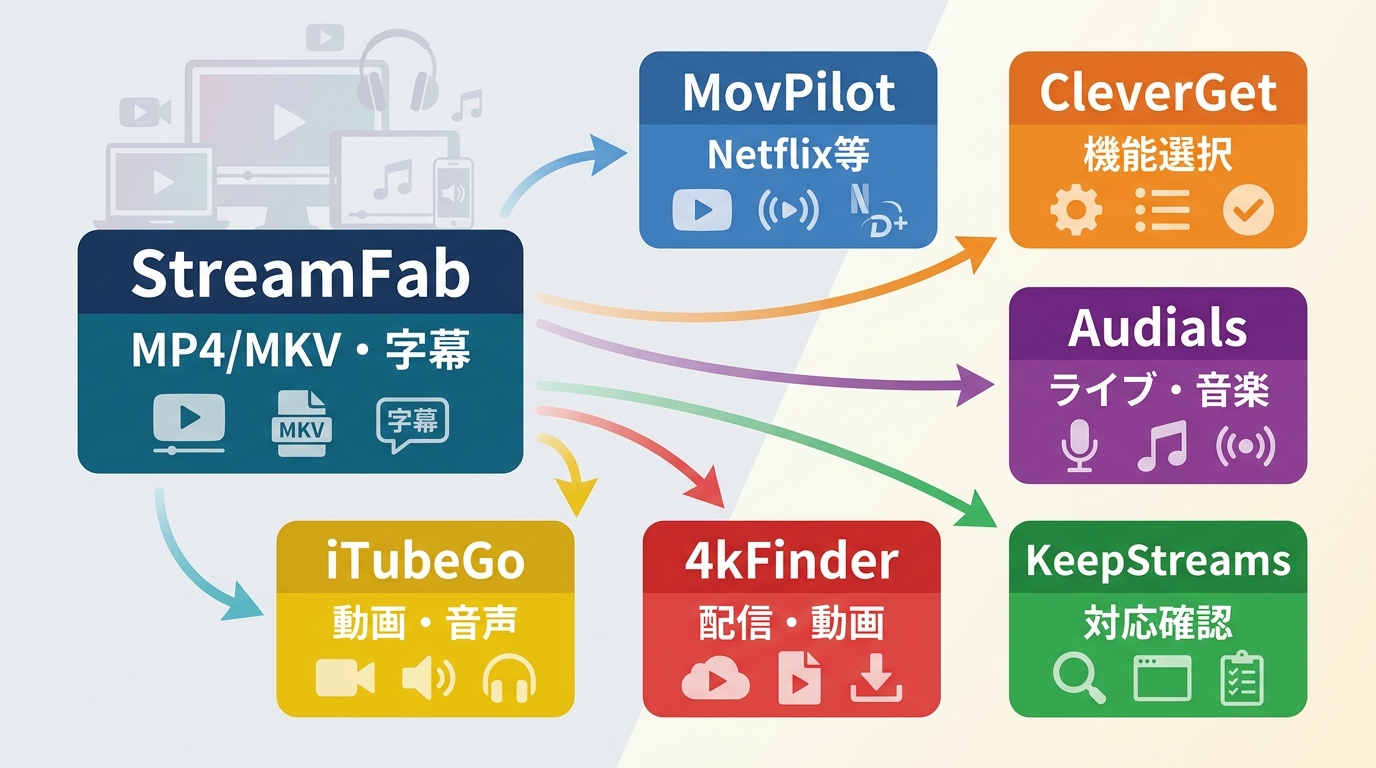 MovPilot、Audials、iTubeGoなどを用途別に選ぶ代替ソフト案内