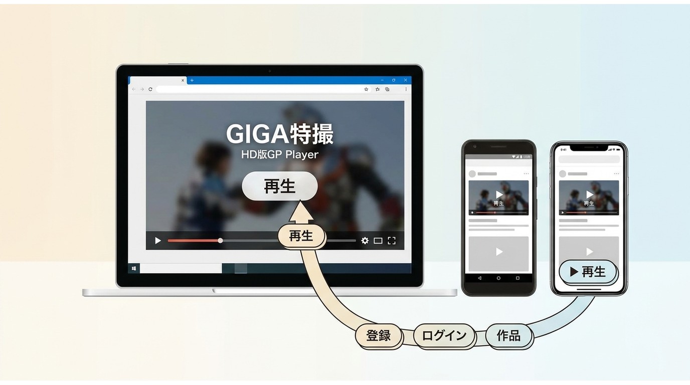 GIGAをHD版GP Playerでログインし、PCとスマホで再生する手順