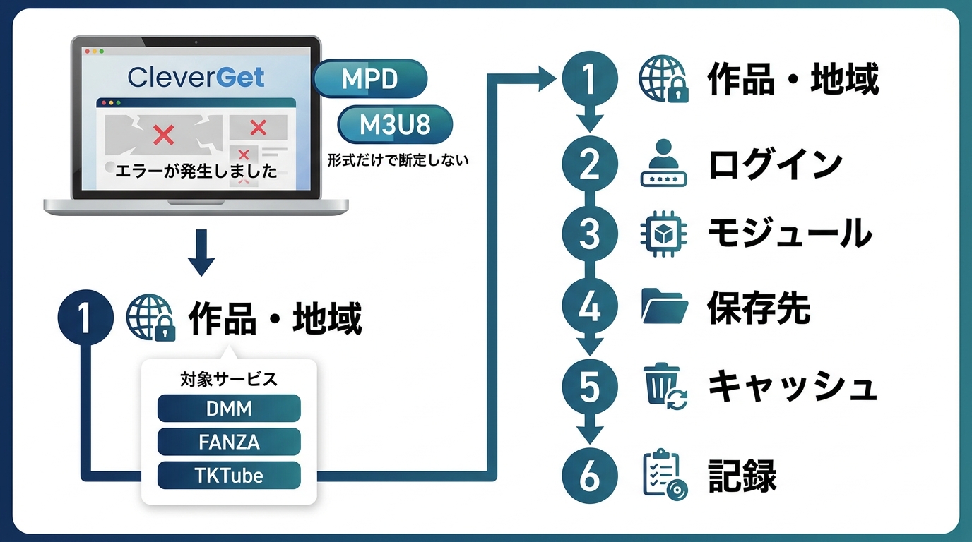 CleverGetでDMM・FANZA・TKTubeを確認するエラー切り分け手順