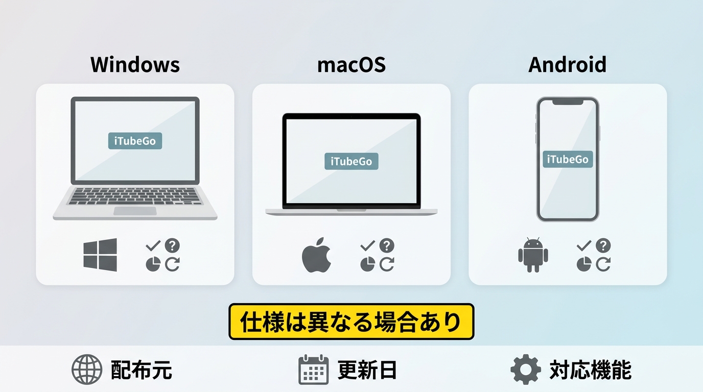 iTubeGoのWindows、macOS、Android版で確認する配布元と更新情報