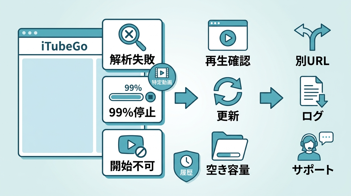 iTubeGoで解析失敗や99%停止を切り分ける確認手順