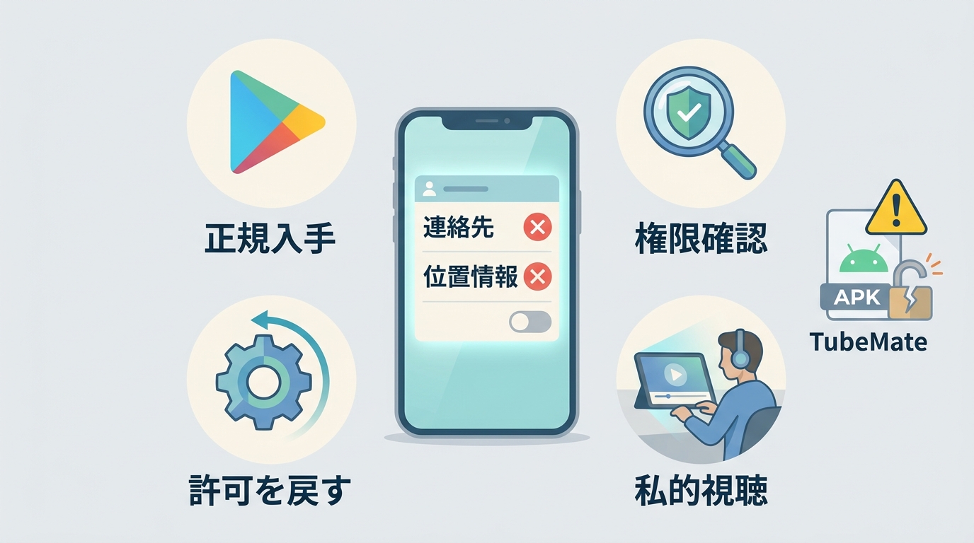 Google Play利用、APK権限確認、私的利用を示すAndroidの安全チェック