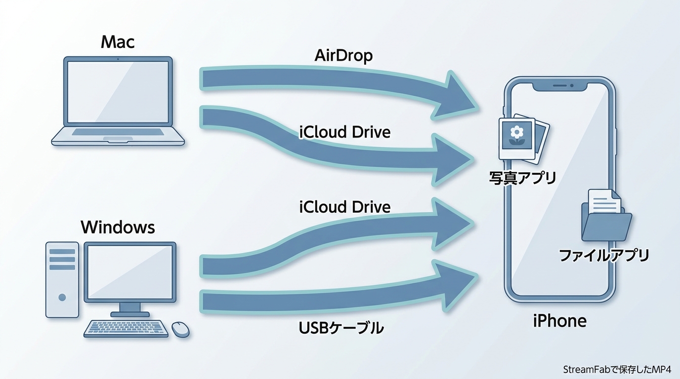 MacとWindowsからiPhoneへAirDrop・iCloud・USB経由でMyFans動画を転送する経路図