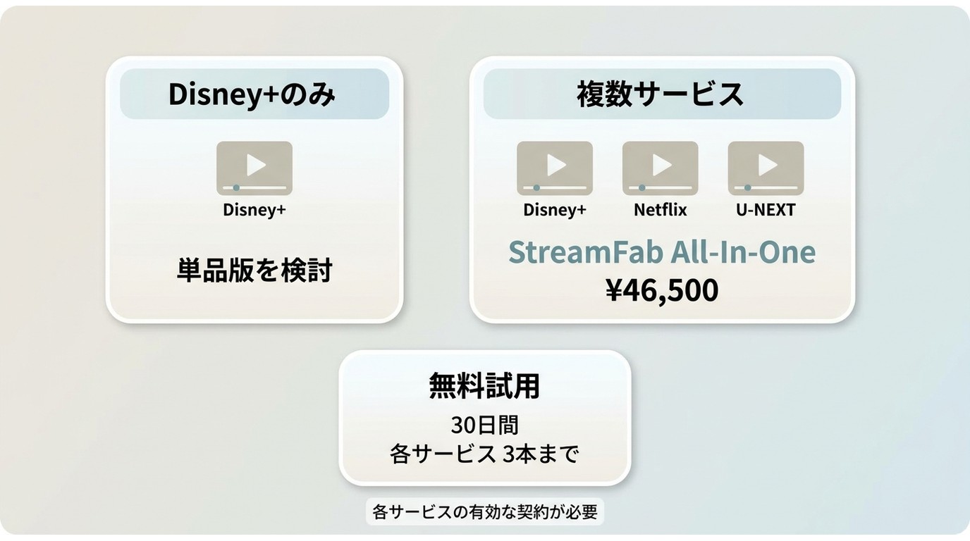 Disney+単品版とStreamFab All-In-Oneを試用条件で選ぶ目安