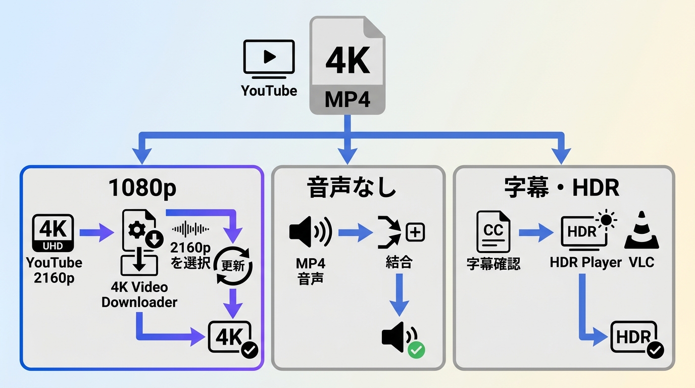 YouTubeの4K保存で1080p、無音、字幕・HDR欠落を確認する順序