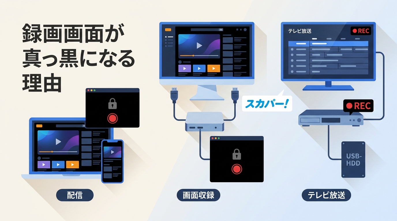 スカパー!の画面録画が真っ黒になる理由|配信・テレビ・PCの違いと注意点