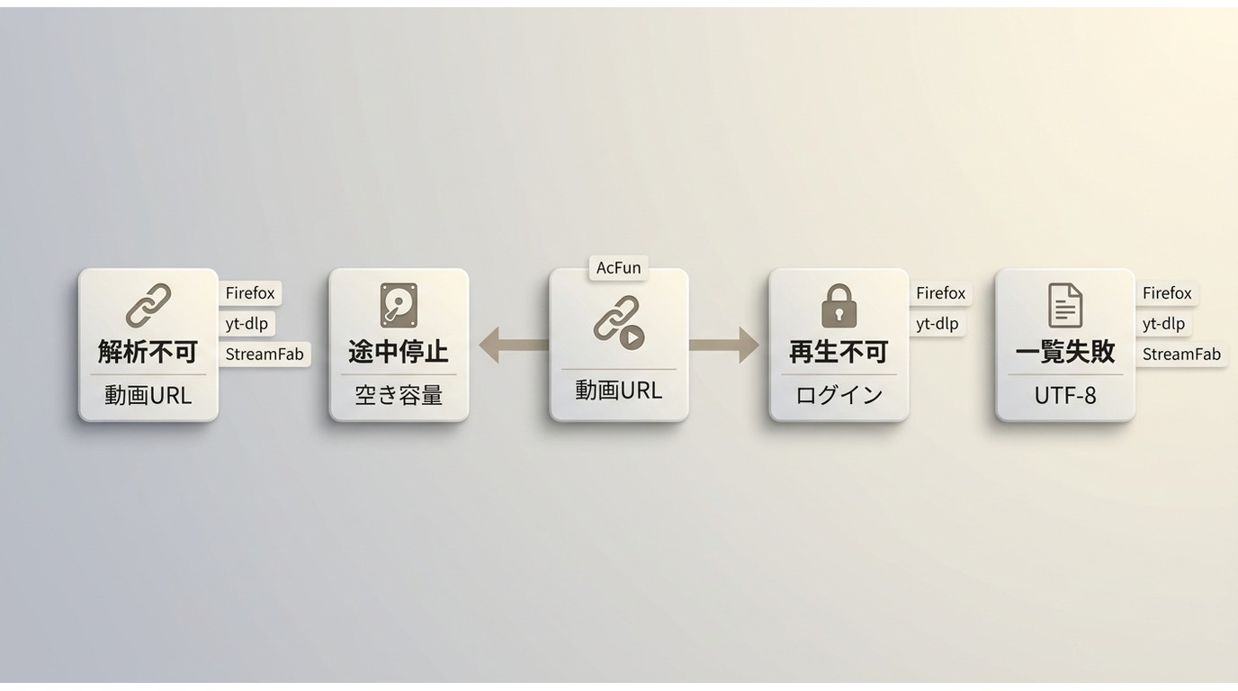 AcFun保存失敗時のURL、通信、ログイン、URL一覧の確認順