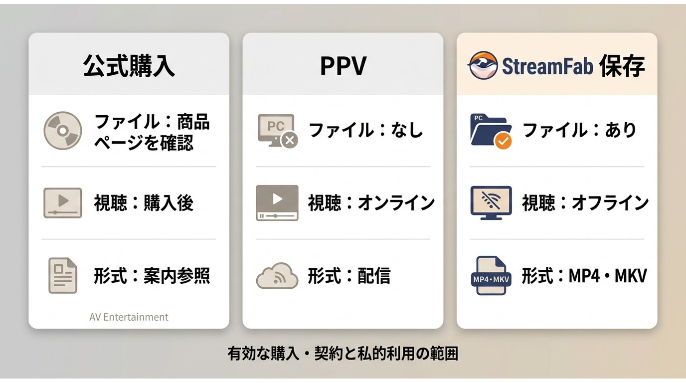 AV Entertainmentの公式購入・PPV・StreamFab保存における視聴方法とMP4/MKVの比較