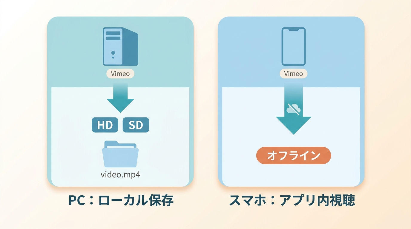 VimeoのPCファイル保存とスマホのアプリ内オフライン視聴の違い