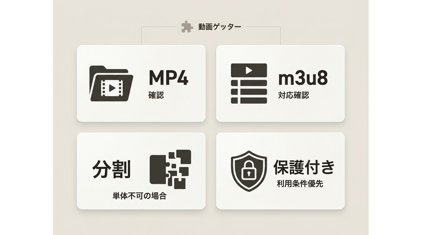 動画ゲッターで見つかるMP4、m3u8、分割配信、保護付き配信の違い