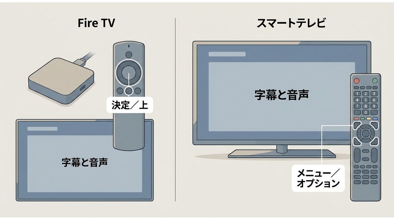 Fire TVとスマートテレビで字幕と音声メニューを開くリモコン操作