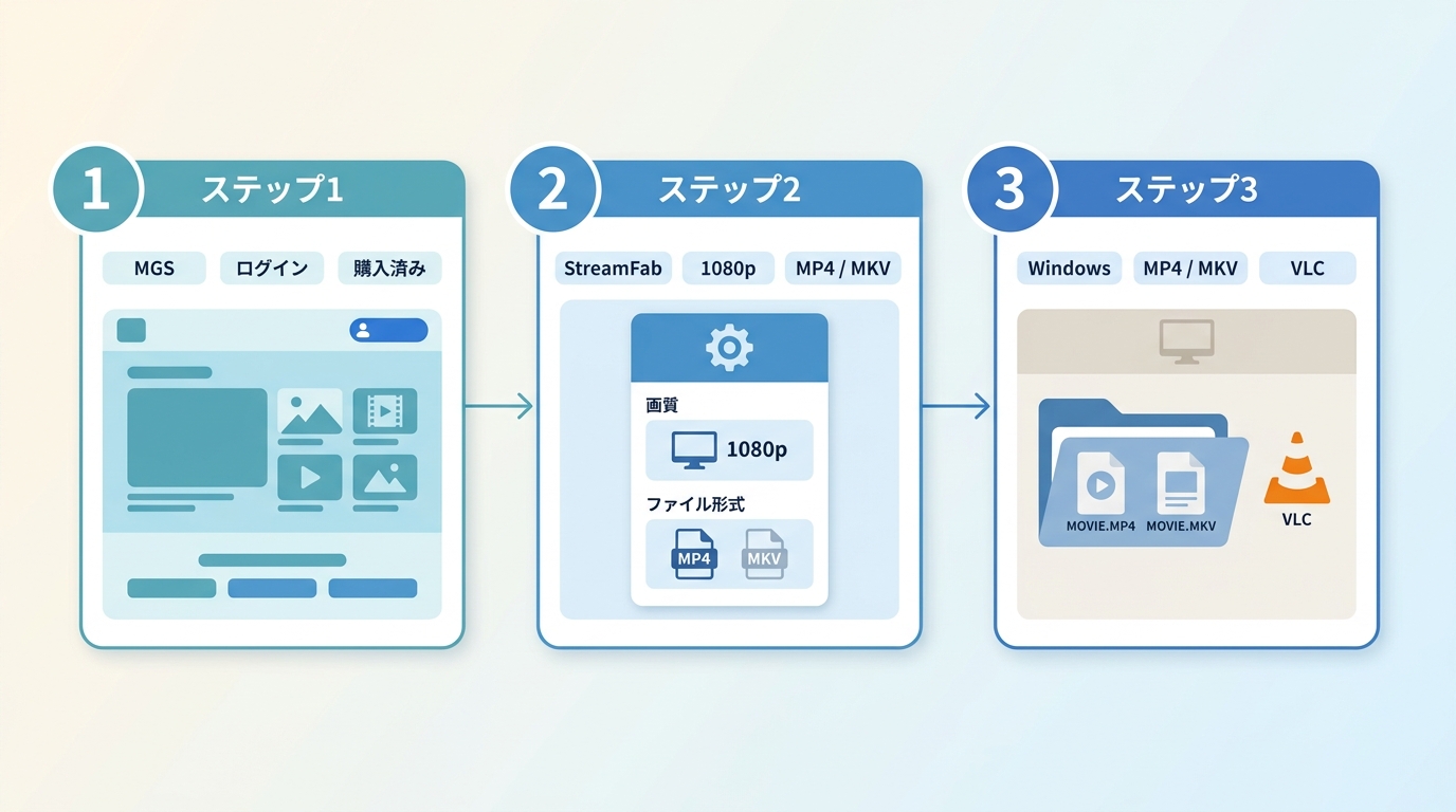 MGS動画でログイン、MP4・MKV選択、VLC再生確認を行う3ステップ