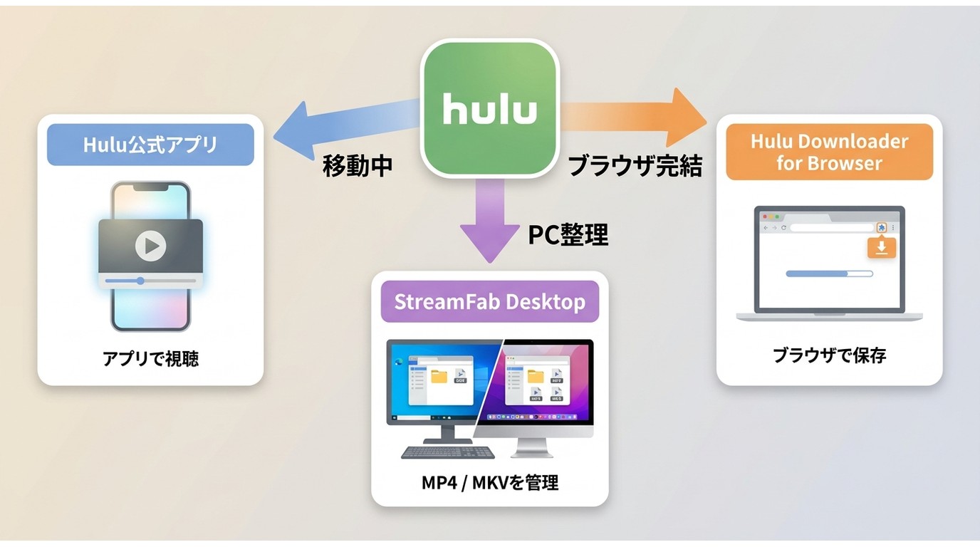 Hulu公式アプリ、StreamFabデスクトップ版、ブラウザ版の用途別選択